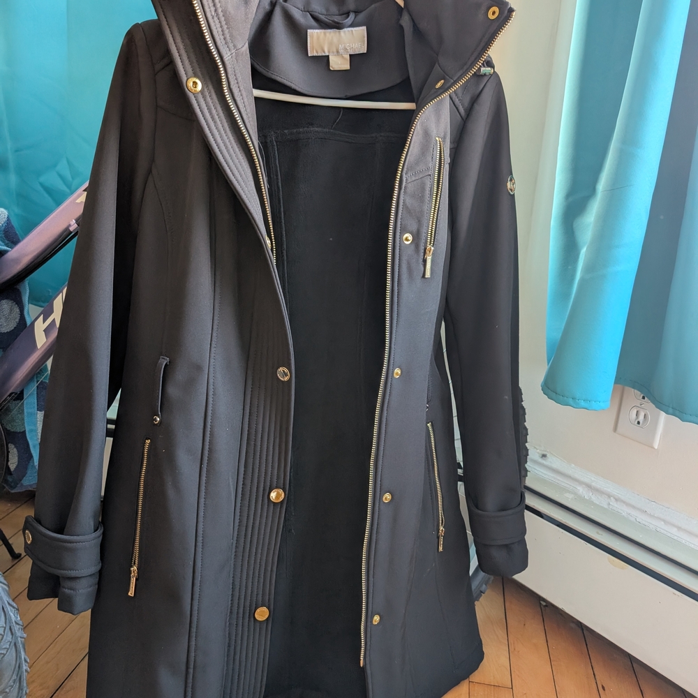 MICHAEL Michael Kors Black Trench Coat with Gold Details